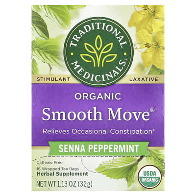Органический чай Organic Smooth Move®, Сенна и мята, без кофеина, 16 пакетиков, 1.13 oz (32 g)