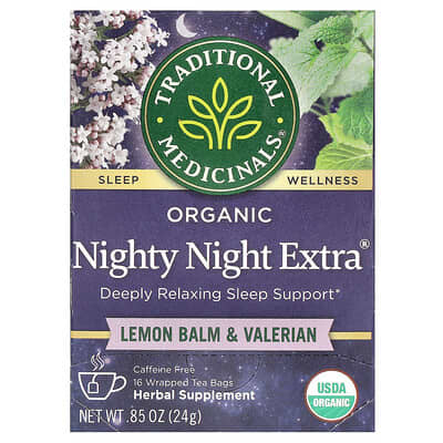 Organic Nighty Night Extra®, мелисса и валериана, без кофеина, 16 пакетиков чая, 0.85 oz (24 g)
