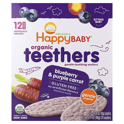 Happy Baby®, органические прорезыватели, нежные жевательные вафли, черника и фиолетовая морковь, 12 упаковок, 0.14 oz (4 g) каждая