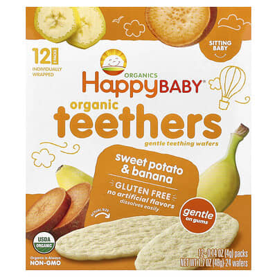 Happy Baby®, органические грызунки, нежные вафли, батат и банан, 12 упаковок по 0.14 oz (4 g)