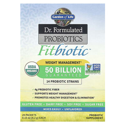 Garden of Life Dr. Formulated Probiotics, Fitbiotic™, без вкуса, 50 Billion CFU, 20 пакетиков, 0.15 oz (4.2 g) каждый