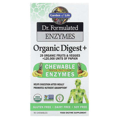 Garden of Life органические ферменты Dr. Formulated Enzymes Digest+, тропические фрукты, 90 жевательных таблеток