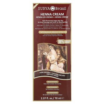 Краска для волос Henna Cream, полуперманентная веганская, для закрашивания седины и тонирования осветленных волос, Dark Brown, 2.37 fl oz (70 ml)