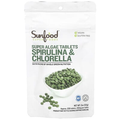 Таблетки Super Algae, спирулина и хлорелла, 250 mg, прибл. 228 таблеток, 2 oz (57 g)