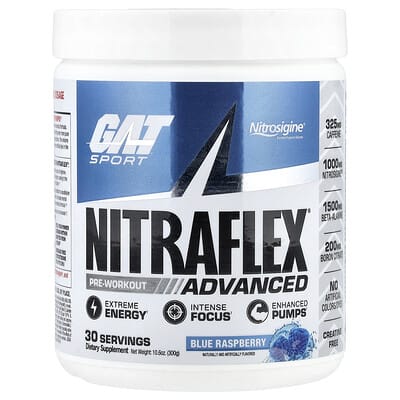Предтренировочный комплекс GAT Sport, NITRAFLEX® Advanced, Blue Raspberry, 10.6 oz (300 g)