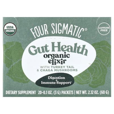 Gut Health Organic Elixir, With Turkey Tail & Chaga Mushrooms, Caffeine Free, 20 Packets, 0.1 oz (3 g) Each