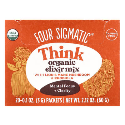 Think, Organic Elixir Mix с грибом Lion's Mane и Rhodiola, без кофеина, 20 пакетиков, 0.1 oz (3 g) каждый