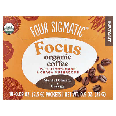 Focus, органический растворимый кофе с грибами Lion's Mane и Chaga, средняя обжарка, 10 пакетиков, 0.09 oz (2.5 g) каждый
