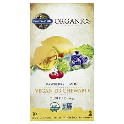 Garden of Life Organics, веганские жевательные таблетки D3, малина-лимон, 30 шт.