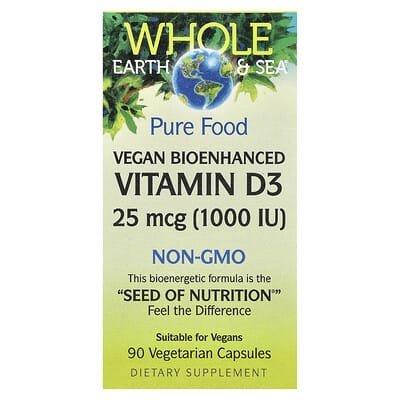 Витамин D3 Whole Earth & Sea Vegan Bioenhanced, 25 mcg (1,000 IU), 90 вегетарианских капсул
