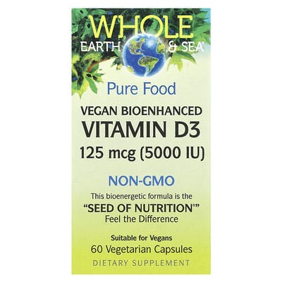 Whole Earth & Sea® Vegan Bioenhanced Vitamin D3, 125 mcg (5,000 IU), 60 вегетарианских капсул