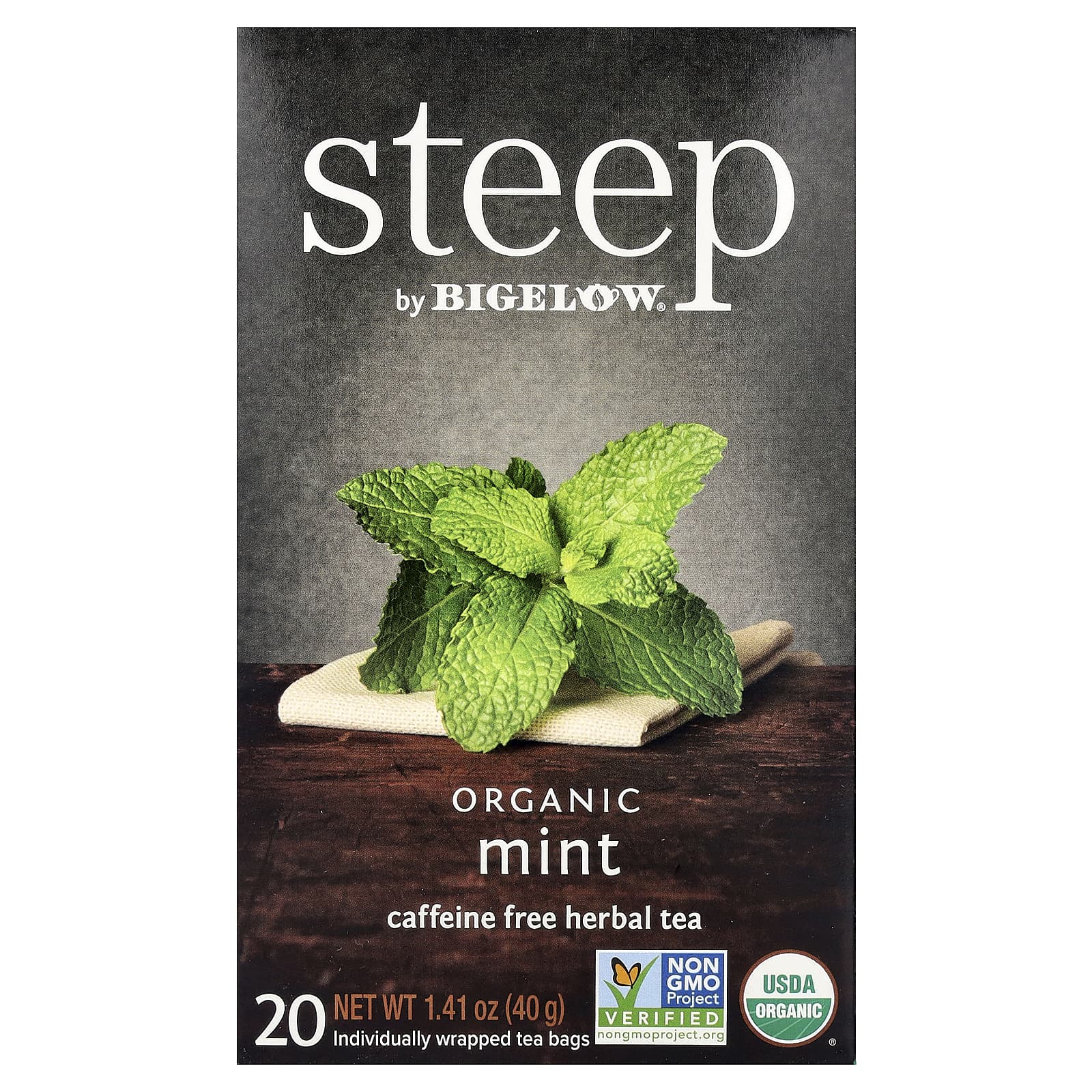 Steep, Organic Herbal Tea, Mint, Caffeine Free, 20 Tea Bags, 1.41 oz (40 g)