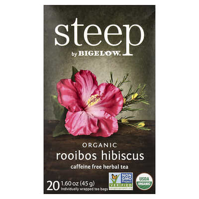 Травяной чай Steep, Organic Herbal Tea, Rooibos Hibiscus, Caffeine Free, 20 Tea Bags, 1.6 oz (45 g)