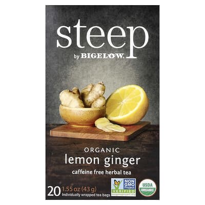 Bigelow органический травяной чай Steep, лимон-имбирь, без кофеина, 20 пакетиков, 1.55 oz (43 g)