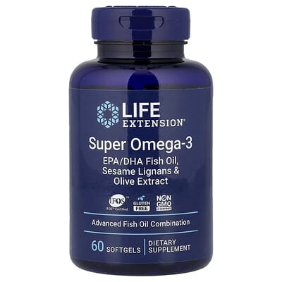 Super Omega-3, рыбье масло EPA/DHA, кунжутный лигнан и экстракт оливы, 60 мягких капсул
