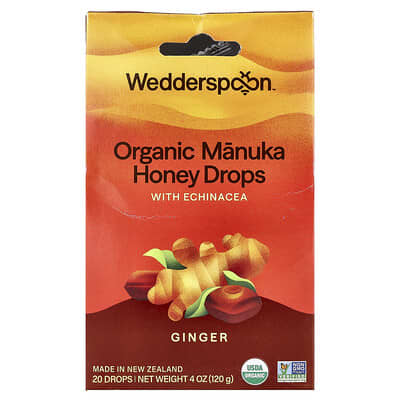 Органические леденцы с медом Manuka, эхинацея, имбирь, 20 капель, 4 oz (120 g)