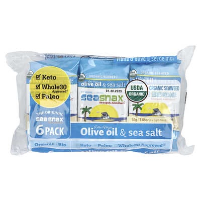 SeaSnax Organic Seaweed, морские водоросли, оливковое масло Extra Virgin и морская соль, упаковка 6 шт, 0.18 oz (5 g) каждая