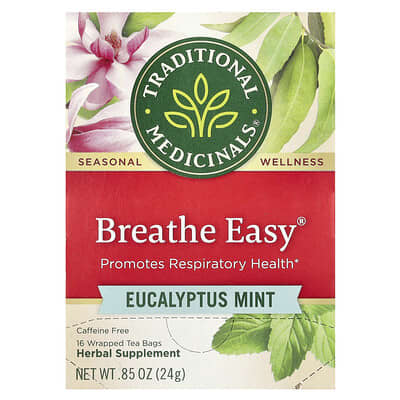 Breathe Easy®, эвкалипт и мята, без кофеина, 16 упакованных чайных пакетиков, 0.85 oz (24 g)