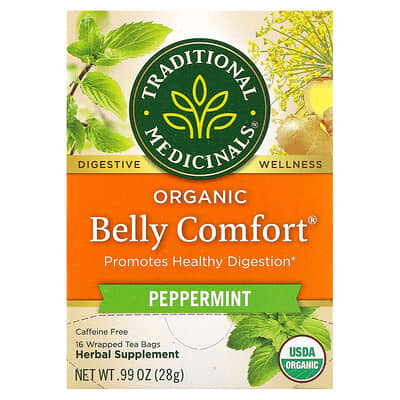 Organic Belly Comfort®, Peppermint, Caffeine Free, 16 Wrapped Tea Bags, 0.99 oz (28 g)