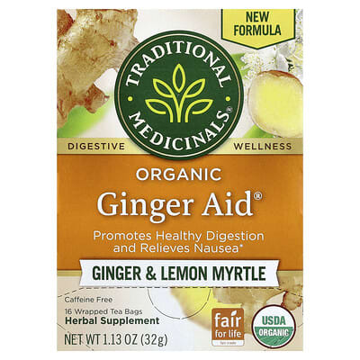 Органический имбирь Organic Ginger Aid®, имбирь и мирт, без кофеина, 16 чайных пакетиков, 1.13 oz (32 g)