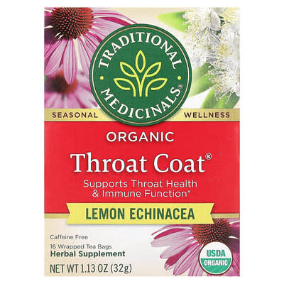 Чай Organic Throat Coat®, Lemon Echinacea, без кофеина, 16 пакетиков, 1.13 oz (32 g)