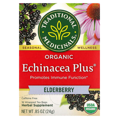 Organic Echinacea Plus®, Elderberry, без кофеина, 16 чайных пакетиков, 0.85 oz (24 g)