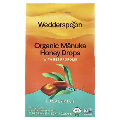 Wedderspoon Organic Manuka Honey Drops с прополисом, эвкалипт, 20 капель, 4 oz (120 g)