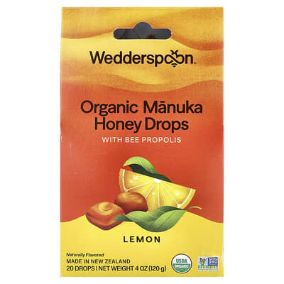 Organic Manuka Honey Drops с прополисом, лимон, 20 капель, 4 oz (120 g)