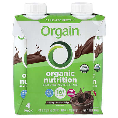 Organic Nutrition, Grass-Fed Protein Shake, Creamy Chocolate Fudge, 4 Pack, 11 fl oz (330 ml) Each