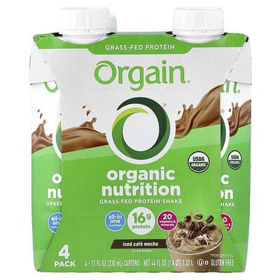 Organic Nutrition, Grass-Fed Protein Shake, Iced Cafe Mocha, 4 Pack, 11 fl oz (330 ml) Each