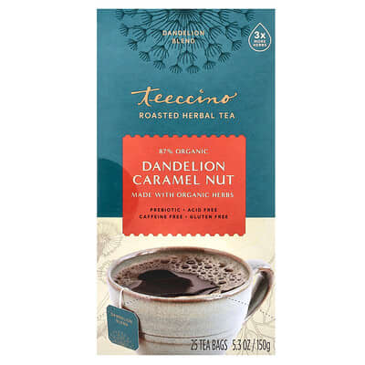 Травяной обжаренный чай Dandelion Caramel Nut, без кофеина, 25 чайных пакетиков, 5.3 oz (150 g)