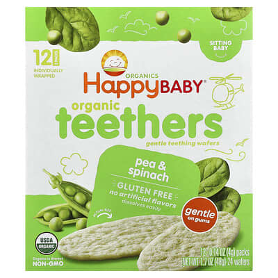 Happy Baby®, Organic Teethers, Gentle Teething Wafers, Sitting Baby, Pea & Spinach, 12 Packs, 0.14 oz (4 g) Each