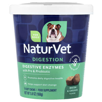 NaturVet Пищевые добавки для собак с пре- и пробиотиками, Bacon & Chicken, 70 мягких жевательных таблеток, 168 g
