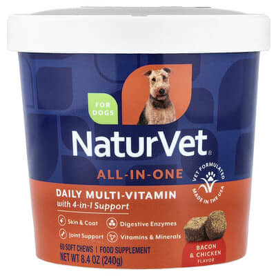 All-In-One Daily Multi-Vitamin с поддержкой 4-в-1 для собак, Bacon & Chicken, 60 мягких жевательных таблеток, 8.4 oz (240 g)