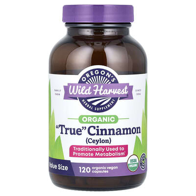 Organic "True" Cinnamon (Ceylon), 120 Organic Vegan Capsules (450 mg per Capsule)