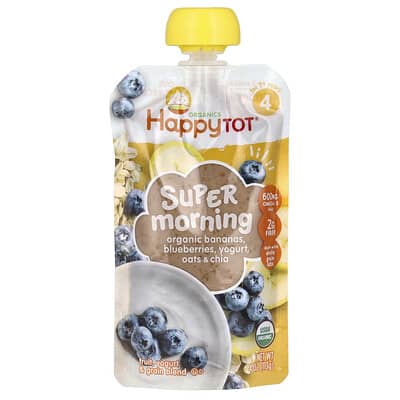Happy Tot®, Super Morning, для детей от 2 лет, органический банан, черника, йогурт, овес и чиа, 4 oz (113 g)