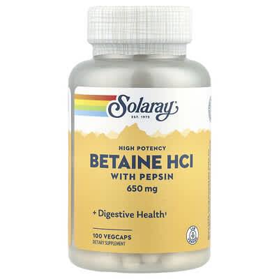 Высокоэффективный Betaine HCl с пепсином, 100 вегетарианских капсул