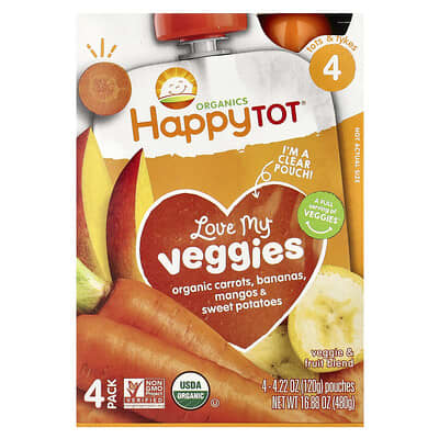 Happy Tot®, Love My Veggies, Stage 4, Organic Carrots, Bananas, Mangos & Sweet Potatoes, 4 Pouches, 4.22 oz (120 g) Each