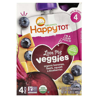 Happy Tot®, Love My Veggies, Stage 4, Organic Bananas, Beet, Squash & Blueberries, 4 Pouches, 4.22 oz (120 g) Each