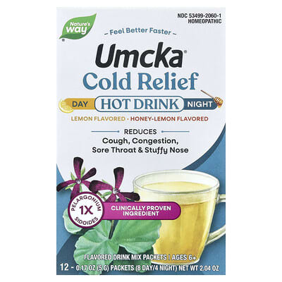 Горячий напиток Umcka®, от простуды, День + Ночь, для детей от 6 лет, лимон-мед, 12 пакетиков, 0.17 oz (5 g) каждый