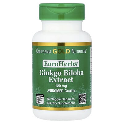 EuroHerbs™, экстракт Гинкго Билоба, качество Euromed, 120 mg, 60 вегетарианских капсул