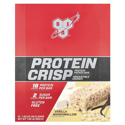 BSN Protein Crisp, ванильный маршмэллоу, 12 батончиков, по 1.94 oz (55 g) каждый