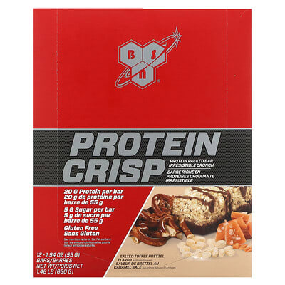 BSN Protein Crisp, соленый ириска претцель, 12 батончиков, 1.94 oz (55 g) каждый