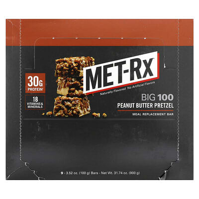 MET-Rx Big 100, протеиновый батончик Peanut Butter Pretzel, 9 шт, 3.52 oz (100 g) каждый
