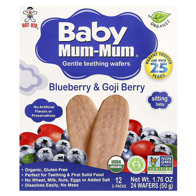 Baby Mum-Mum, нежные жевательные вафли, черника и ягоды годжи, 12 упаковок по 2 шт