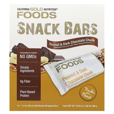 California Gold Nutrition Батончики с арахисом и темным шоколадом, с обжаренным миндалем, клетчаткой корня цикория, гороховыми чипсами и медом, 12 шт, 1.4 oz (40 g) каждый