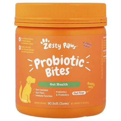 Zesty Paws Probiotic Bites™, Для собак, для всех возрастов, Тыква, 90 мягких жевательных таблеток, 11.1 oz (315 g)