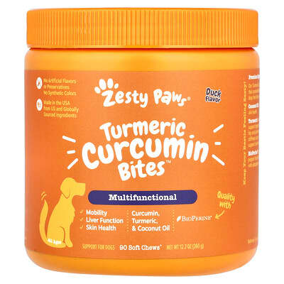 Лакомства Turmeric Curcumin Bites™ для собак, многофункциональные, для всех возрастов, утка, 90 мягких кусочков, 12.7 oz (360 g)