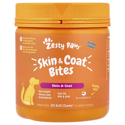 Zesty Paws Skin & Coat Bites для собак, для всех возрастов, курица, 90 мягких лакомств, 11.1 oz (315 g)