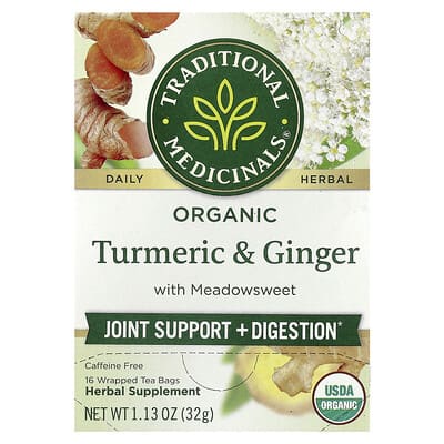 Organic Turmeric & Ginger with Meadowsweet, Caffeine Free, 16 Wrapped Tea Bags, 1.13 oz (32 g)